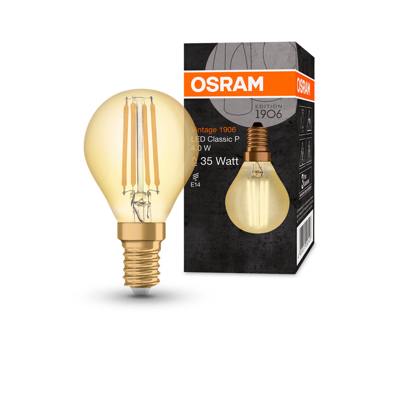4W, 410lm, Vintage 1906 CLAS P GOLD, E14, 2400K, 45x77mm, LED Sisustuslamppu Osram